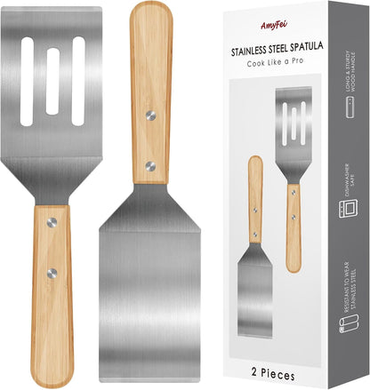2PCS Stainless Steel Spatula,Wooden Handle Metal Spatula for Steak,Burgers1