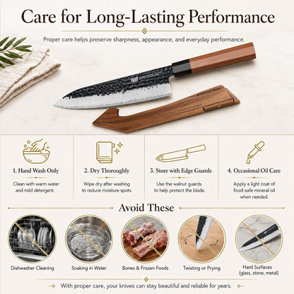 Kitchen Knife Set with Individual Wooden Blocks, 4 Japanese Knives with Walnut Edge Guards, High Carbon Steel Blades, for Meat, Fruits, Vegetables, Dynasty Series9