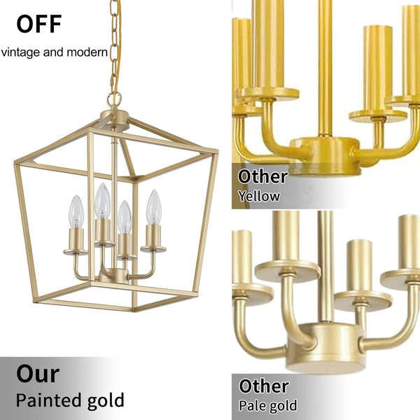 Industrial 4 Lights Chandelier, Gold Lantern Ceiling Light Fixtures with Rustic Metal Cage Adjustable Height Farmhouse Geometric Hanging Light for Kitchen Island, Dining Room, Entryway, UL Listed2