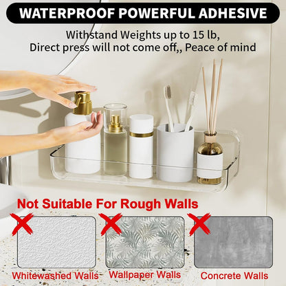Plastic Wall Mount Organizer, Adhesive Clear Acrylic Shelf, No Drilling Hang Walls Shower Caddies, with Self Adhesive Tape, for Bathroom, Kitchen, Utility Room,3.8D X 12.8" W X 3.3" H3