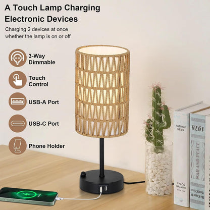 Touch Table Lamp for Bedroom with Bulb, Boho Small Desk Lamp for Living Room with Rattan & Linen Shade, 3 Way Dimmable Bedside Table Lamp for Nightstand with USB Charging Port & Phone Stand for Office3