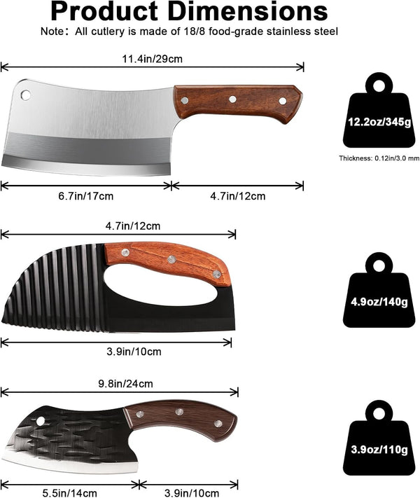 3Pcs 7 Inch Meat Cleaver Knife, Professional Butcher Knife, Heavy Duty Bone Chopper, Ergonomic Non-Slip Handle for Bone Cutting, Vegetable Chopping, Restaurant, Kitchen(Style A)7