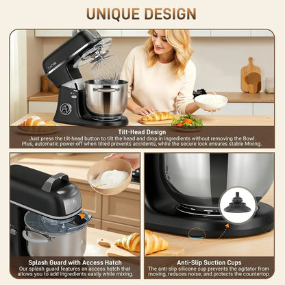 7 Quart Stand Mixer Aluminum Die Casting, 650W 12 Speed Tilt-Head Kitchen Electric Stand Mixer, Household Food Mixer with Stainless Steel Bowl, Dough Hook, Whisk and Beater-Black9