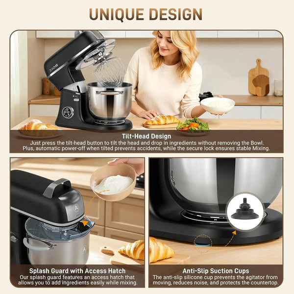 7 Quart Stand Mixer Aluminum Die Casting, 650W 12 Speed Tilt-Head Kitchen Electric Stand Mixer, Household Food Mixer with Stainless Steel Bowl, Dough Hook, Whisk and Beater-Black9