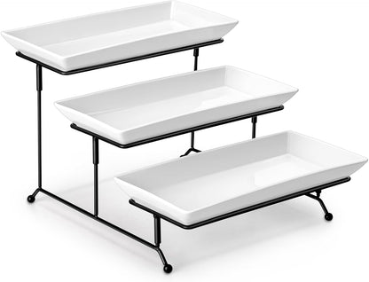 3 Tier Serving Trays, White Porcelain Serving Platters, 12 Inch | Tiered Serving Stand for Party, Fruit Tray, Trays for Serving Food, Dessert Stand with Collapsible Sturdier Metal Rack1
