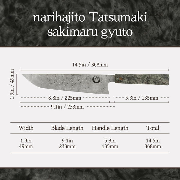 Tatsumaki Sakimaru Gyuto Chef Knife 9.5" (240Mm) – 110 Layer Damascus Steel, Dual Core Blade, Ultra Sharp Kitchen Knife5