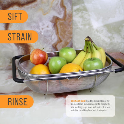 Stainless Steel Colander Strainer - 6-Quart Collapsible Colander with Expandable Rubber Handles - Rectangular Sieve, Fine Mesh Stainless Steel Strainers and Colanders for Kitchen6
