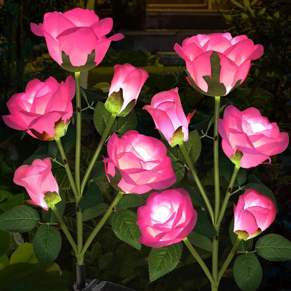 Solar Garden Lights, Solar Outdoor Lights with More Realistic 10 Rose Waterproof Solar Powered Flowers for outside Patio Yard Pathway Decorations, 2 Pack Pink1