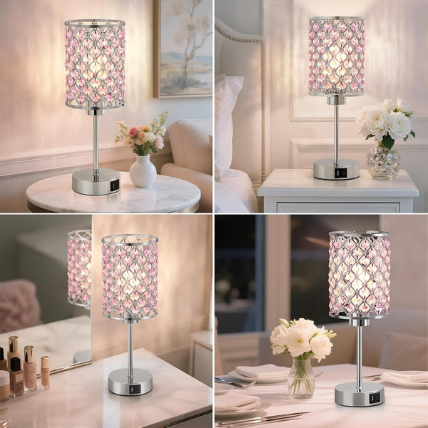 Pink Crystal Bedside Table Lamps Set of 2 with USB C+A Ports6