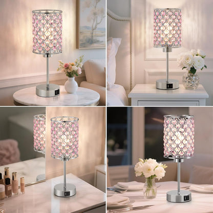 Pink Crystal Bedside Table Lamps Set of 2 with USB C+A Ports6