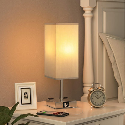 Touch Bedside Table Lamp for Bedroom - Dimmable, USB C+A, 2 AC Outlets | 3-Way Dimming, 3000K Bulb Included, Square Grey Lampshade and Silver Base, Desk Lamp for Nightstand, Living Room, Dorm5
