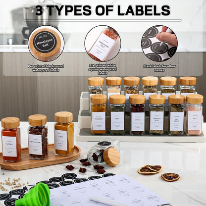 Spice Jars with Label 24Pcs,Seasoning Containers,Glass Spice Jars with Bamboo Lids,Kitchen Essentials,Spices Container Set,Kitchen Set,Seasoning Organizer,A Total of 96 Oz3