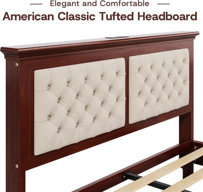 Solid Wood Queen Bed Frame 41.5” Tall Diamond-Tufted Upholstered Headboard, American Classic Flat-Top Bed, Stable Structure, Wood Slats Support, Noise-Free, No Box Spring Needed, Redish Brown3