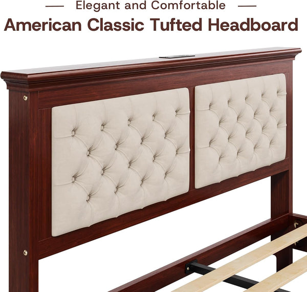 Solid Wood Queen Bed Frame 41.5” Tall Diamond-Tufted Upholstered Headboard, American Classic Flat-Top Bed, Stable Structure, Wood Slats Support, Noise-Free, No Box Spring Needed, Redish Brown3