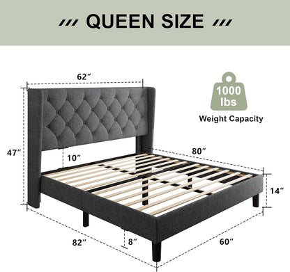 Queen Size Bed Frame with Diamond Tufted Wingback Headboard, Morden Upholstered Platform Bed, Sturdy Wooden Slats Support, Noise-Free, No Box Spring Needed, Easy Assembly, Dark Gray2