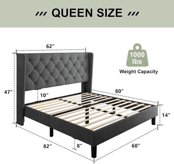 Queen Size Bed Frame with Diamond Tufted Wingback Headboard, Morden Upholstered Platform Bed, Sturdy Wooden Slats Support, Noise-Free, No Box Spring Needed, Easy Assembly, Dark Gray2