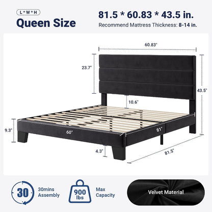 Queen Size Platform Bed Frame with Velvet Upholstered Headboard2