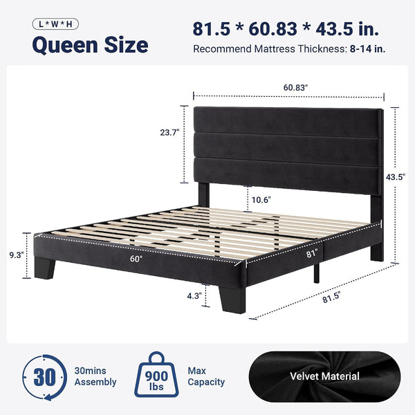Queen Size Platform Bed Frame with Velvet Upholstered Headboard2