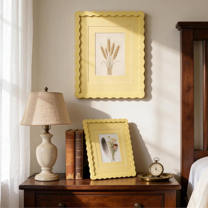 Scalloped 8X10 Picture Frame, Real Glass Wood Frame with Reversible Mat for 5X7/6X8 Prints, Wavy Edge for Wall or Tabletop, Decorative Photo Frame, Yellow2
