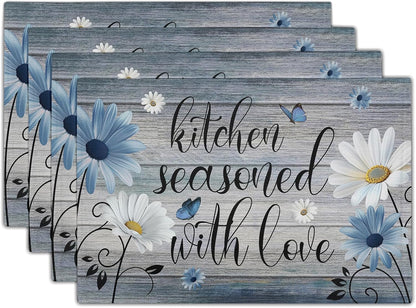 Rustic Farmhouse Quote Placemat Set of 4, 12X18 Inch Daisy Flowers Kitchen Seasoned with Love Grey Linen Washable Table Mats for Home Party Indoor Kitchen Dining Decoration1