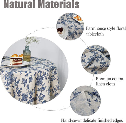 Cotton Linen round Tablecloth, Blue Floral Table Cloth round 55"5