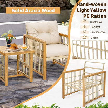 3 Pieces Acacia Wood Patio Furniture Set, PE Wicker Bistro Set with Cushioned Chairs and Coffee Table, Outdoor Conversation Set for Porch, Deck, Balcony, Backyard (Beige)6