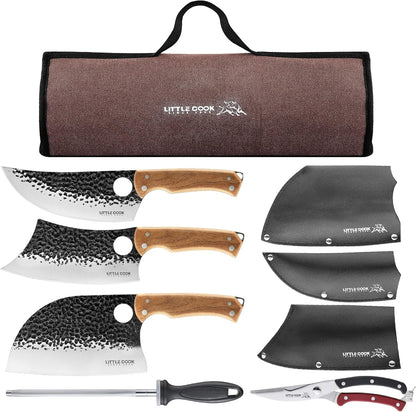 9PCS Butcher Knife Set, 7" Butcher Meat Cleaver, a 7" Serbian Chef Knife, a 6.5" Viking Knife, 3 Knife Sheath, Poultry Shears, Honing Steel and Knife Roll Bag (Unique Bull Pattern)1