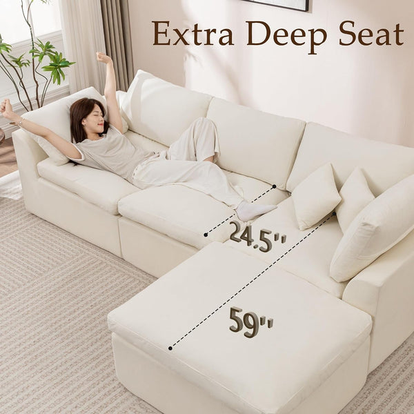 110" Cloud Sectional Couches for Living Room, Modern Modular Sectional Sofa with Ottoman, Boneless Cloud Couch with Comfy Deep Seats, Fluffy Chenille L-Shape Sofa Couch for Living Room, Beige2