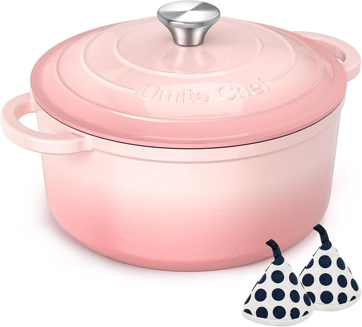 5QT Enameled Cast Iron Dutch Oven Pot with Lid, Heavy-Duty Cookware for Bread Baking, Braising, Stews, Roasting, Wedding Registry Ideas & Gifts (Pink)