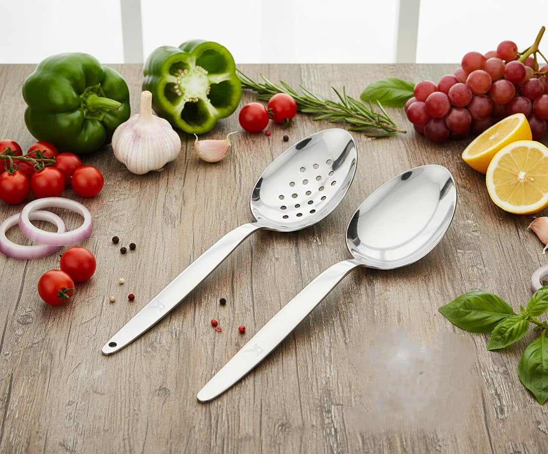 kunz-perforated-and-regular-set-pack-of-2-9-inch-18-10-stainless-steel-cooking-serving-spoon-daily-chef-basting-quenelle-saucing-plating-spoon-dishwasher-safe