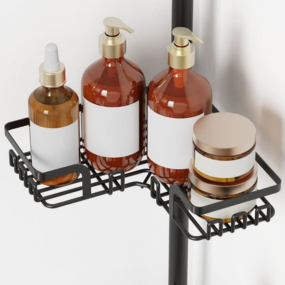 Tension Pole Shower Caddy Corner for Bathroom, Adjustable 25In-114In Floor to Ceiling, Standing Shower Tension Rod Organizer, 4 Tier Storage Shelves with Hooks, Black4