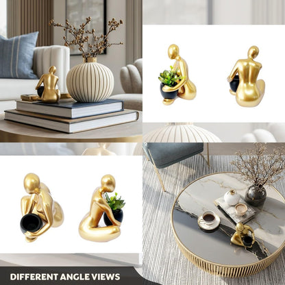 Modern Abstract Statue with Removable Faux Succulents Plants – Resin Figurine Home Decor Accents, Coffee Table Shelf Styling. Collectible Art Luxury Gift Items Woman Thinker Sculpture (Gold)7