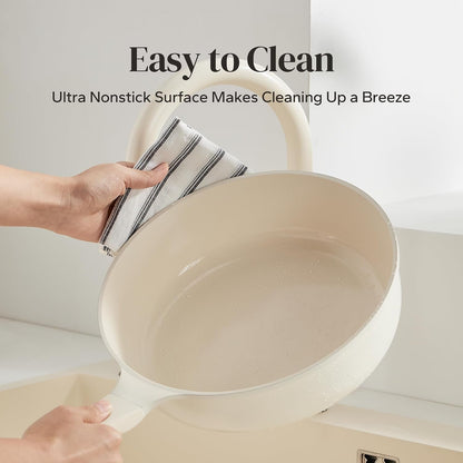 Nonstick Deep Frying Pan with Lid, Ceramic Saute Pan Skillet, PFOA PFOS Free, Induction Compatible, Stay-Cool Helper Handle, Tempered Glass Cover, Dishwasher Safe, Beige (3.7Qt, 10")7