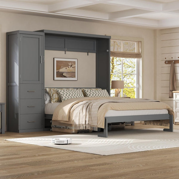 Queen Murphy Bed with Storage Drawers and Wardrobe,Solid Wood Farmhouse Horizontal Murphy Wall Bed Cabinet with Drawers for Bedroom Office Guest Room, Foldable (Queen,Gray)4