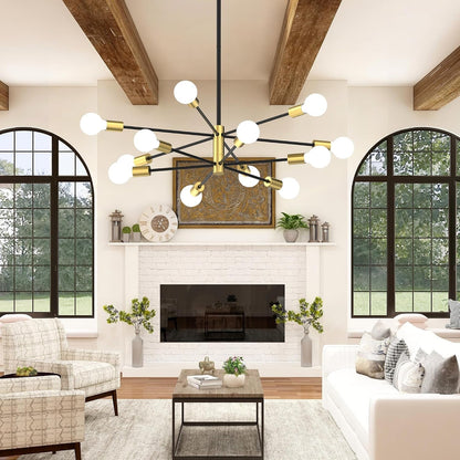 Sputnik Chandelier 12-Light, Mid Century Modern Height Adjustable Ceiling Light Fixture for Dining Room, Kitchen Island, Living Room,Bedroom-Black and Gold8
