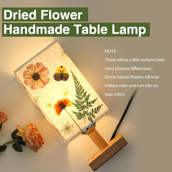 Dried Flowers Table Lamp 5W LED 3Color Temperatures Pressed Flower Bedside Lamp Square Linen Shade with Wood Base for Bedroom Living Room5