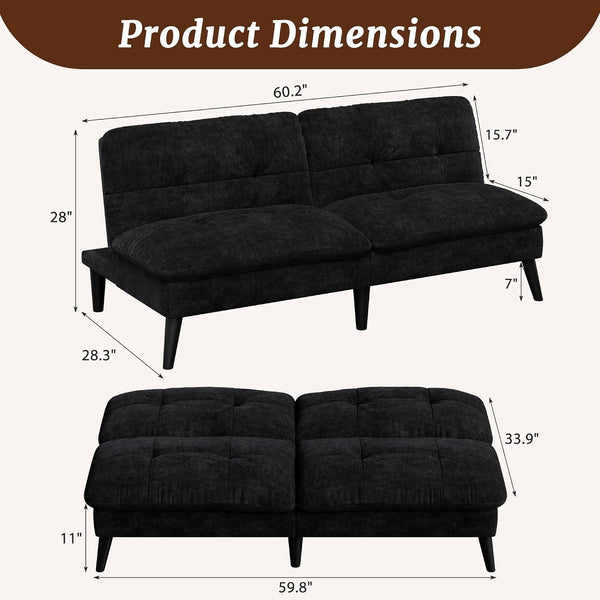 Futon Sofa Bed, Foldable Small Velvet Couch Bed with Adjustable Recliner, Space Saving 2 in 1 Sofa for Living Room, Apartment, or Guest Room, Black2