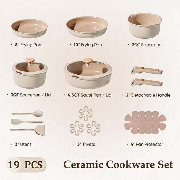 Ceramic Pots and Pans Set, Cookware Set Detachable Handle, 19 Pcs Induction Kitchen Cookware Sets Non Stick with Removable Handle, RV Cookware Set, Oven Safe, Elegant White, Mothers Day Gifts2