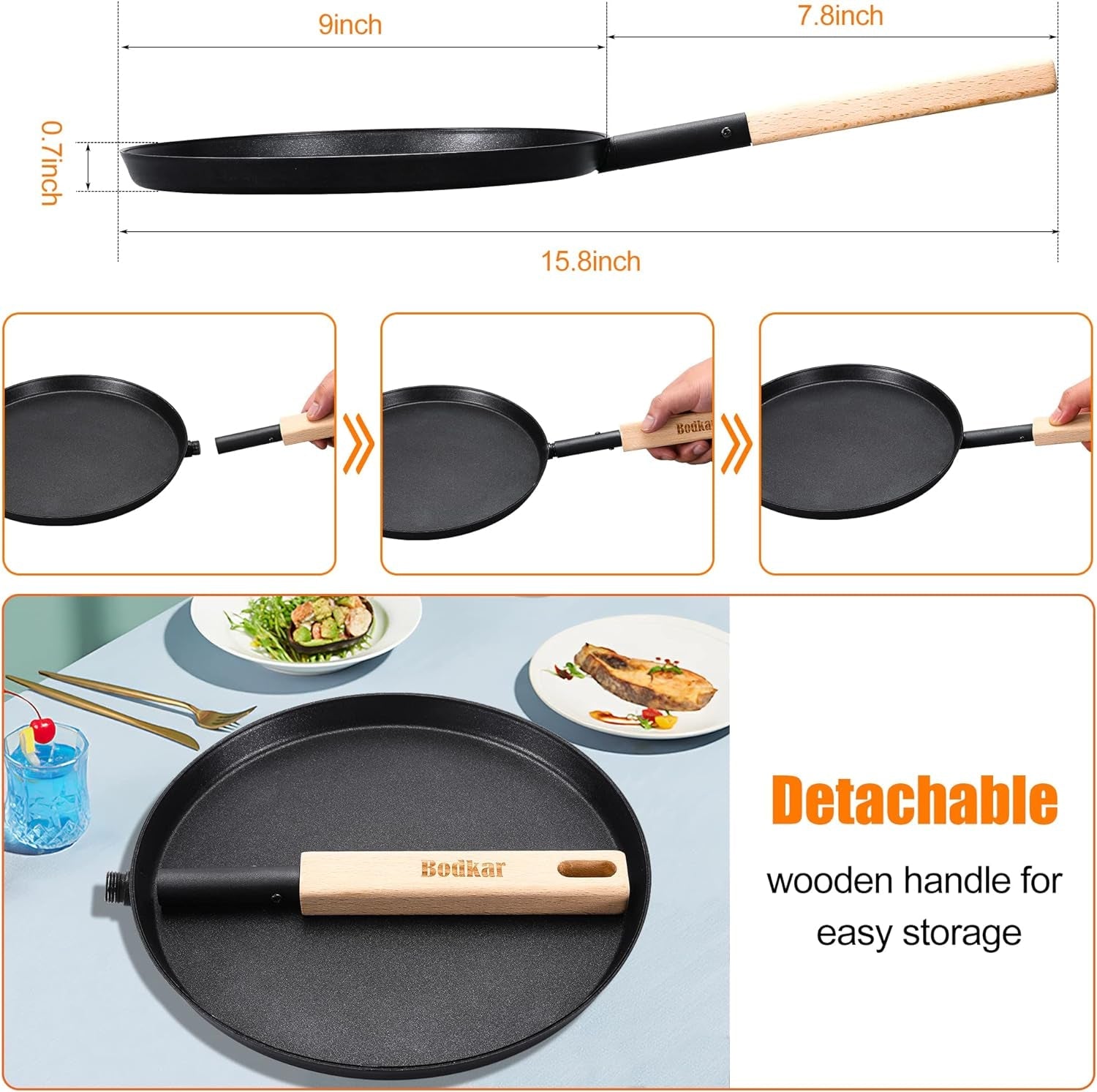 frying-pan-skillet-pre-seasoned-8-inch-flat-griddle-pan-lightweight-grill-pan-with-wooden-handle-for-camping-indoor-outdoor-cooking-black-8-inch