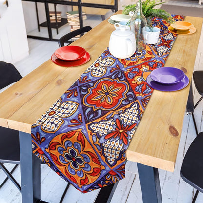 Mexican Talavera Ceramic Tile Pattern Linen Table Runners Dinner Table Setting Dresser Scarves Farmhouse Style for Party Holidays Home Kitchen Decoration (Talavera Colour, 13"X 71")3