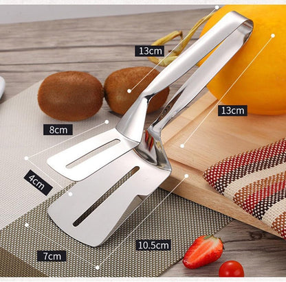 1PC Stainless Steel Cooking Tongs - Double Sided Spatula Ideal for Flipping in BBQ, Grilling and Home Cooking - Perfect for Beefsteak, Bread, Hamburger, Pizza, Pies and Fish7