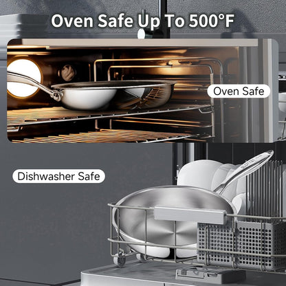 11.5 Inch Tri-Ply Stainless Steel Frying Pan with Lid,No Coatings PFOA&PTFE Free Skillets,Chef'S Pans,Dishwasher and Oven Safe Cookware, Compatible with All Cooktops7