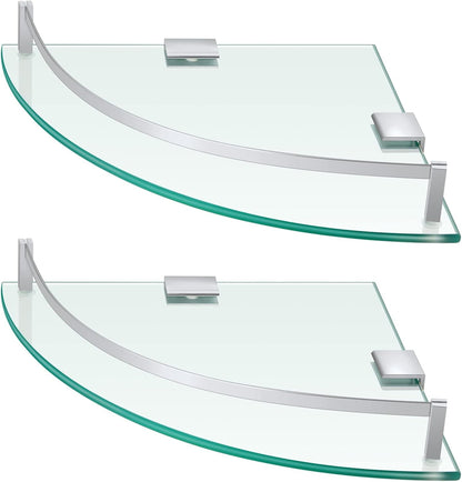 Glass 2 Pack Corner Shower Shelf, Bathroom Corner Shelves Wall Mounted with Tempered Glass and Rustproof Brackets, Floating Shower Organizer for Shampoo, Soap and Bath Accessories, 9.25 Inch1
