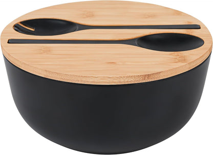 Bamboo Fiber Salad Bowl with Servers Set - Large 9.8 Inches Mixing Bowls Solid Bamboo Salad Wooden Bowl with Bamboo Lid Spoon for Fruits,Salads and Decoration (Black, 9.8INCH)1
