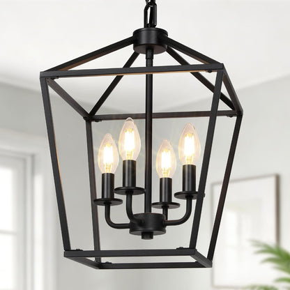 4 Light Chandelier, Industrial Ceiling Light Black Lantern Light Fixtures with Farmhouse Metal Cage Adjustable Height Rustic Geometric Hanging Light E12 Base for Kitchen Island, Entryway, Indoor1