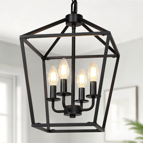 4 Light Chandelier, Industrial Ceiling Light Black Lantern Light Fixtures with Farmhouse Metal Cage Adjustable Height Rustic Geometric Hanging Light E12 Base for Kitchen Island, Entryway, Indoor1
