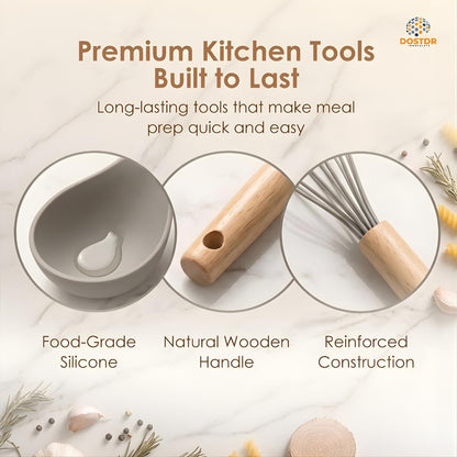 12 Piece Silicone Kitchen Cooking Spoon Set Wooden Handle & Holder - Small4