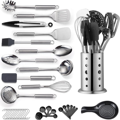Kitchen Utensils Set, 39 Pieces Stainless Steel Cooking Utensils Set, Spoon Spatula Set with Sturdy Stainless Steel Utensil Holder, Dishwasher Safe1