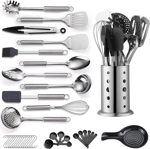 Kitchen Utensils Set, 39 Pieces Stainless Steel Cooking Utensils Set, Spoon Spatula Set with Sturdy Stainless Steel Utensil Holder, Dishwasher Safe1