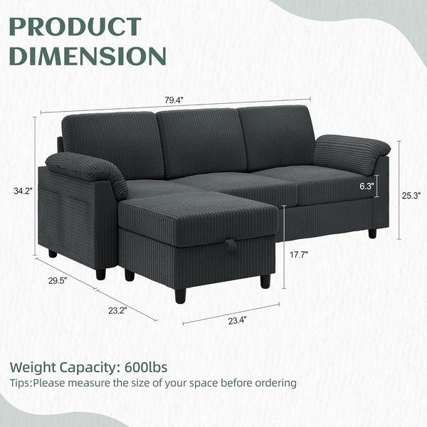Convertible Sectional Sofa Couch, 3 Seat L Shaped Sofa with Removable Pillows Soft Corduroy Fabric Small Couches Mid Century for Living Room, Apartment and Office (Gray)2